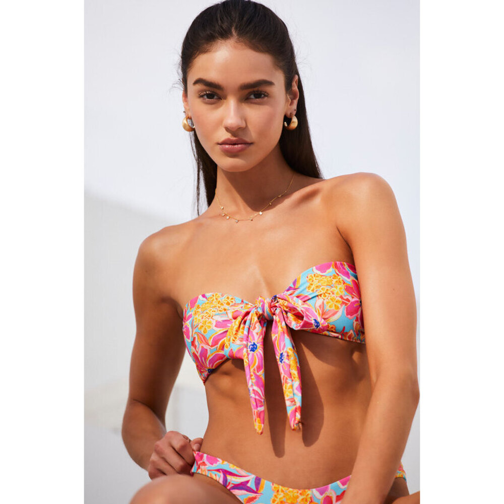 Lulus Vibrant Hot Pink Multi Floral Knot Bandeau Bikini Top and bottoms - Size L